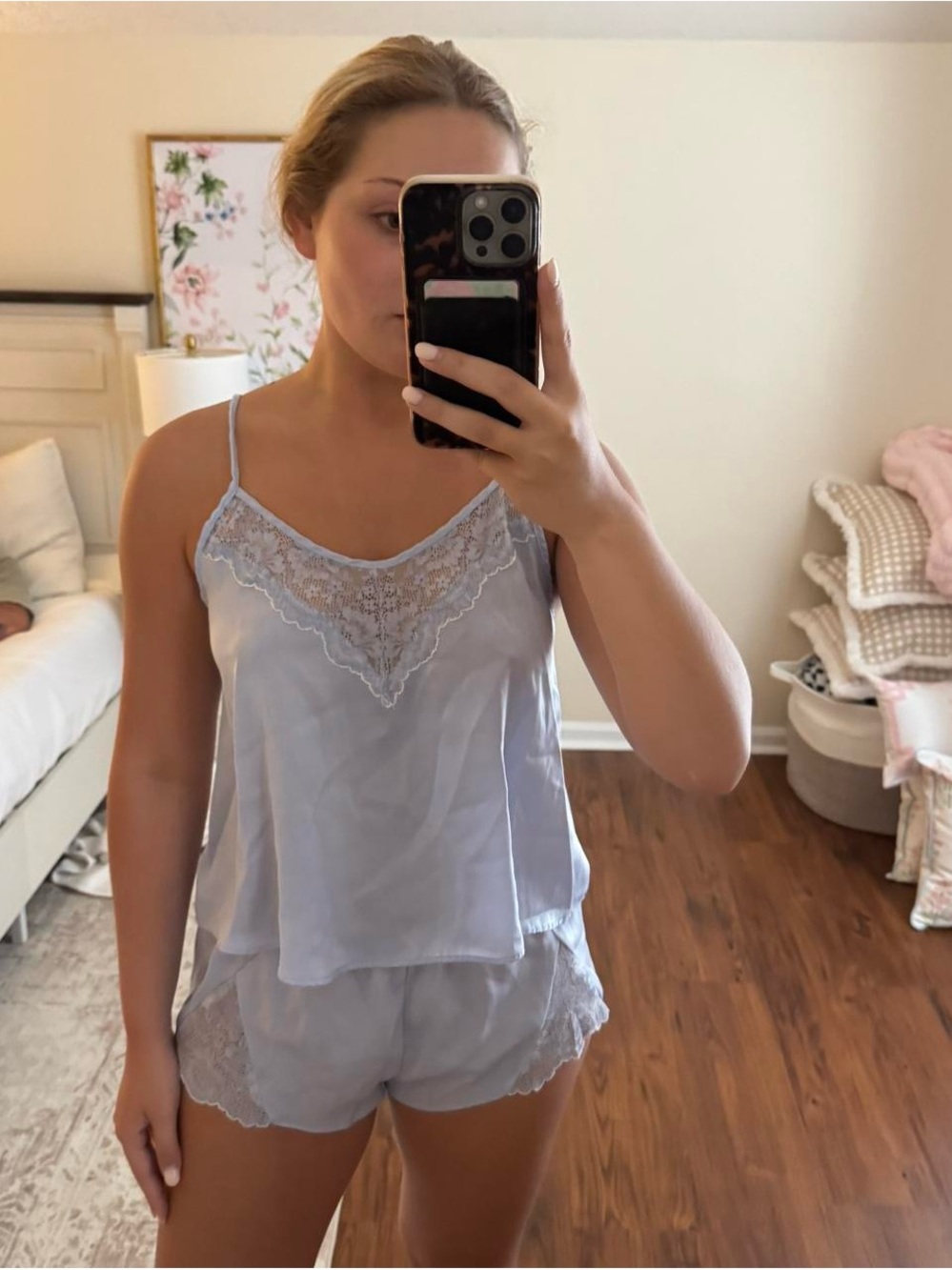 Satin Lace Trim Cami & Short Sleep Set in Light Blue - Women Intimates